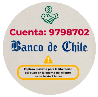 Banco de Chile, cuenta 9798702. El plazo máximo para la liberación del cupo en la cuenta del cliente es de hasta 2 horas.