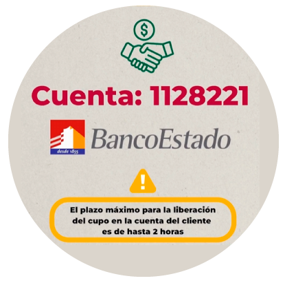 BancoEstado, cuenta 1128221. El plazo máximo para la liberación del cupo en la cuenta del cliente es de hasta 2 horas.
